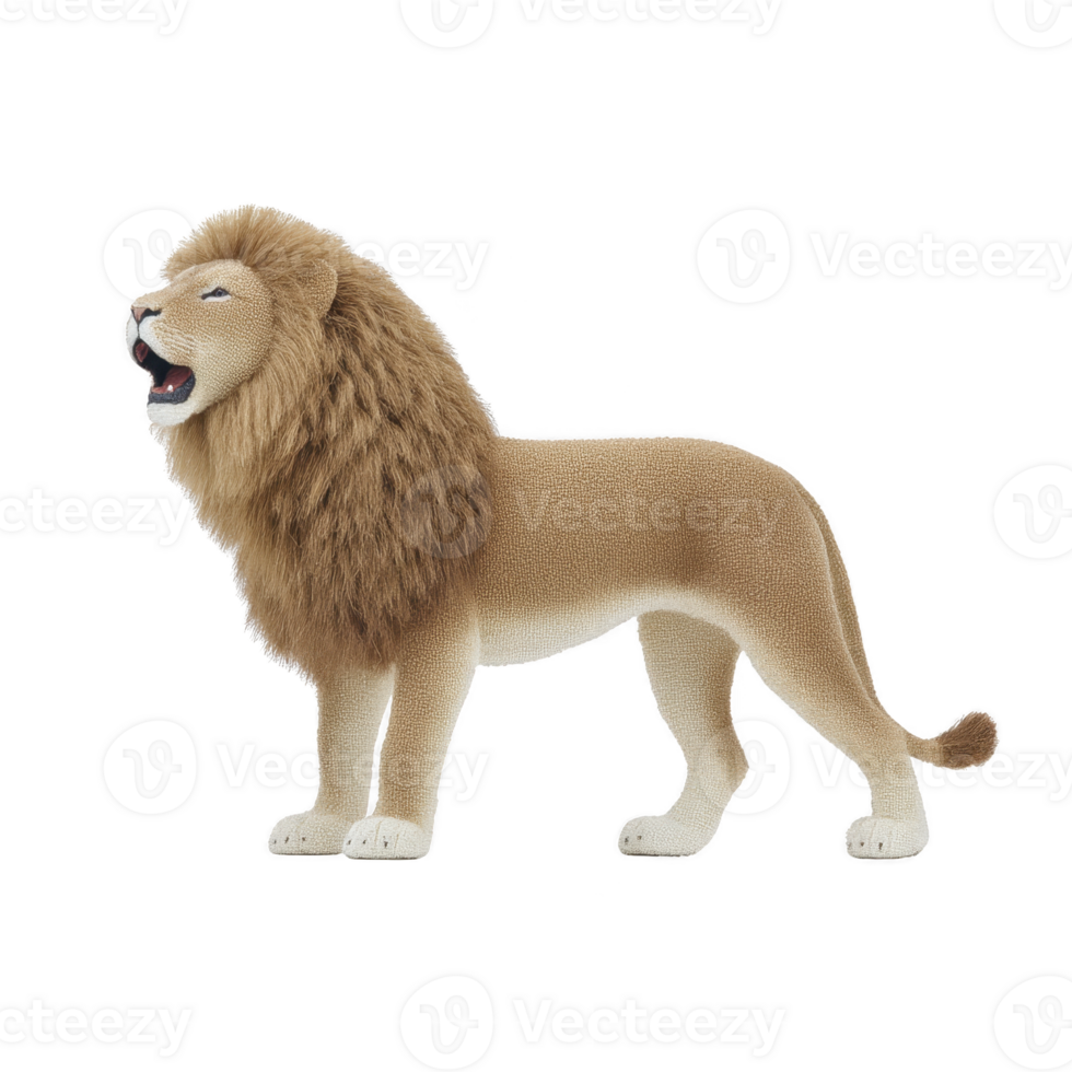 Majestic lion with detailed mane stands proudly, showcasing its powerful presence. lifelike texture and realistic posture capture essence of wild animal, evoking sense of awe png
