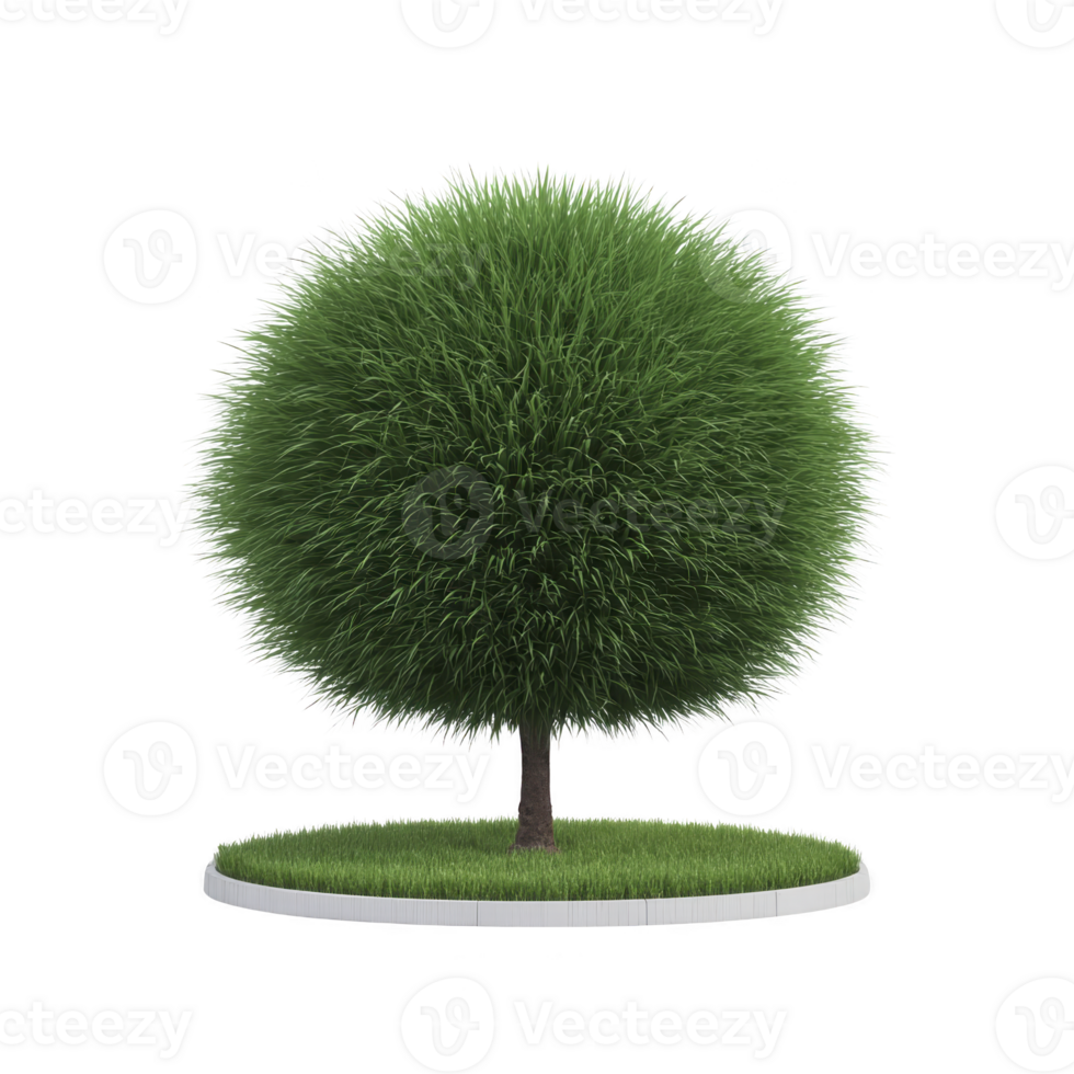Perfectly round, lush green tree with spherical canopy stands on small circular patch of grass, creating whimsical and serene scene png