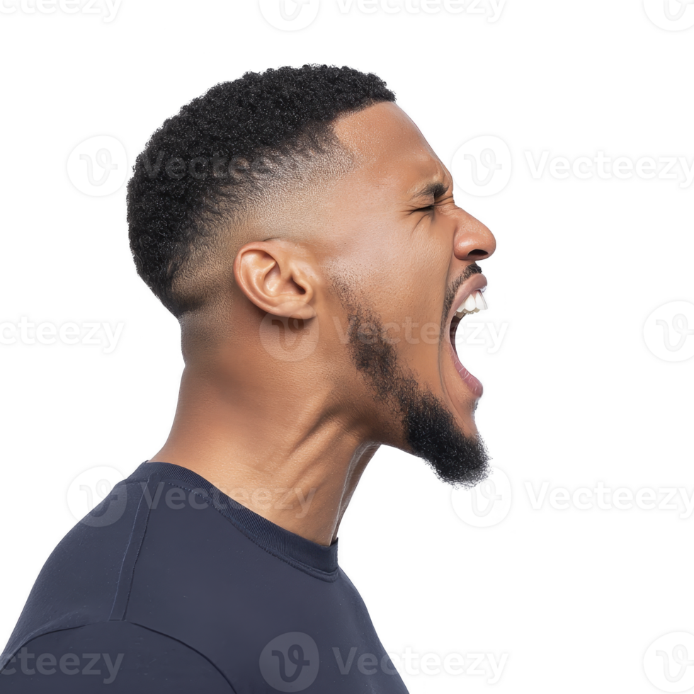 Man with short haircut and beard is passionately shouting, expressing strong emotion. He is wearing dark shirt and background is plain, emphasizing his profile png