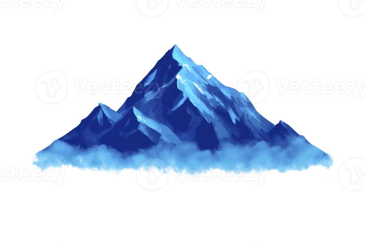 A majestic blue mountain peak surrounded by misty clouds, evoking sense of tranquility and awe. illustration captures serene beauty of nature with its vibrant colors and ethereal atmosphere png