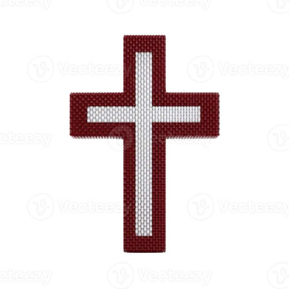 Red and white beaded cross with textured surface, symbolizing faith and spirituality, is displayed against plain background. intricate beadwork adds handcrafted touch png