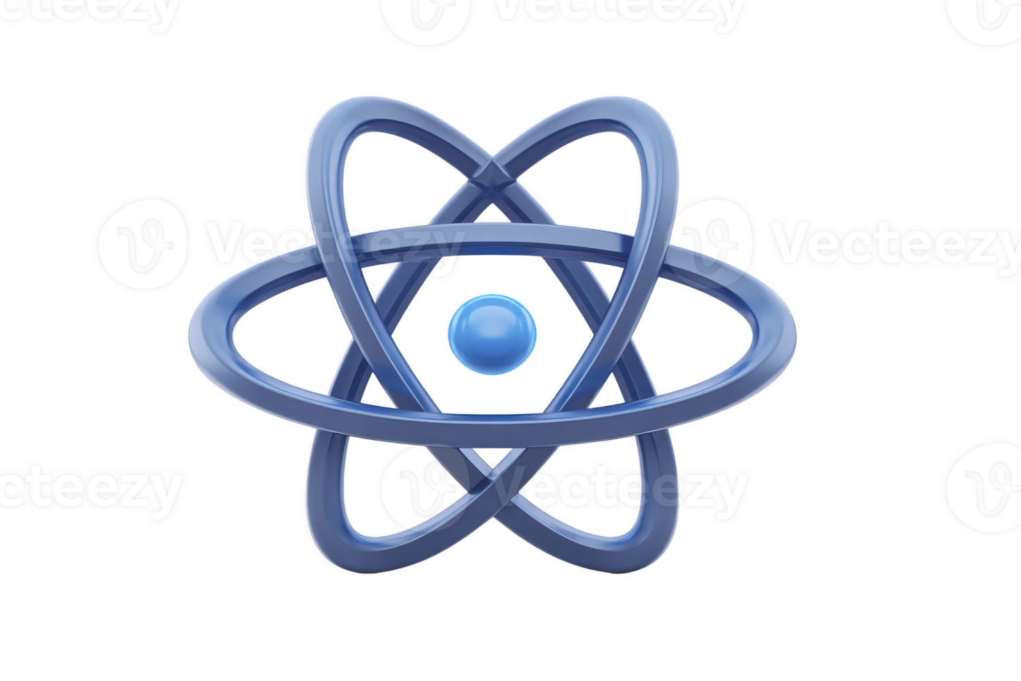 A blue atomic model with orbiting paths and central nucleus symbolizes science and energy. design is sleek and modern, representing atomic structure and physics concepts png