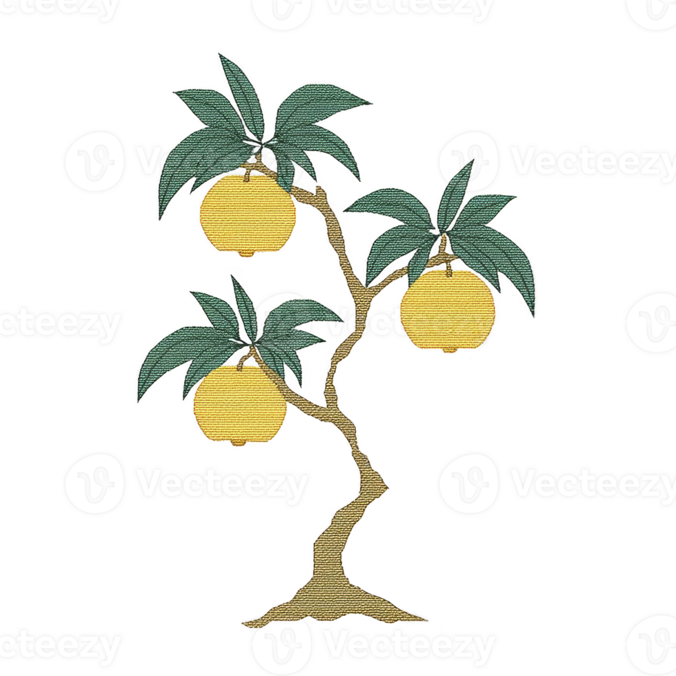 Stylized illustration of tree with three large yellow fruits and green leaves, set against transparent background. design has textured, embroidered appearance png