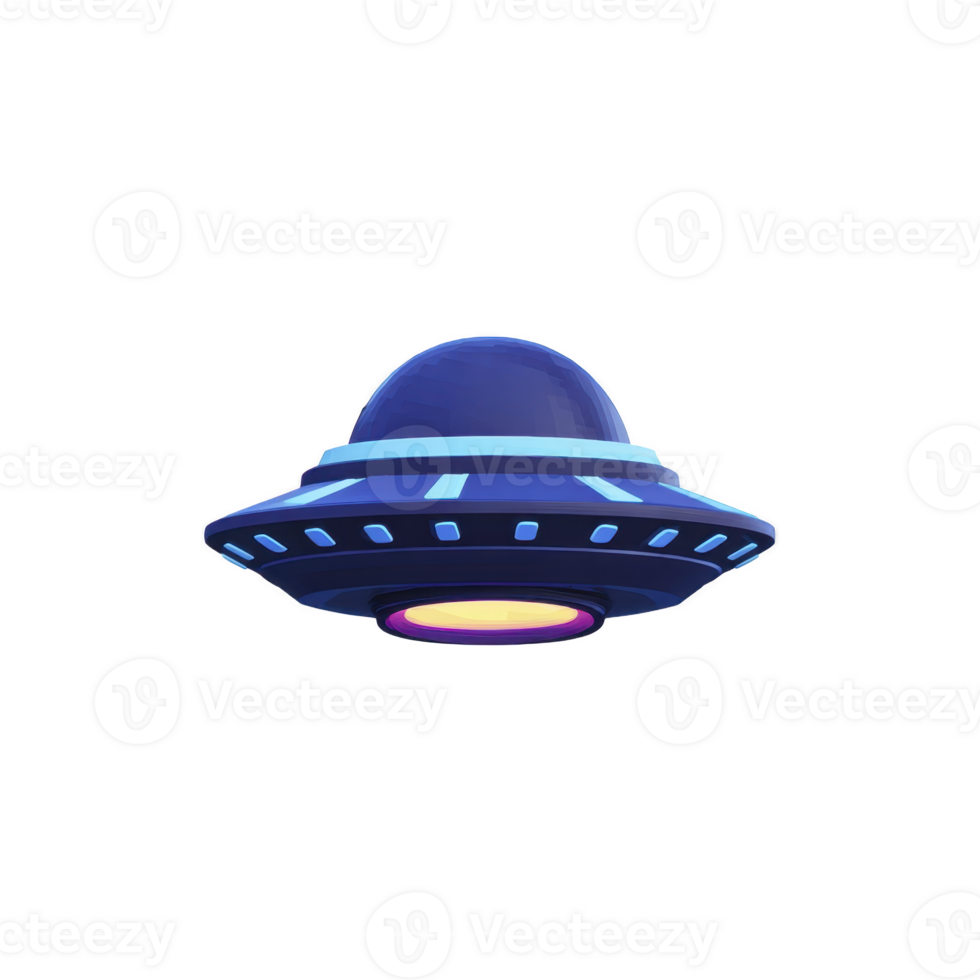 A vibrant, cartoon style ufo with blue dome and glowing lights hovers against transparent background, evoking sense of mystery and wonder png