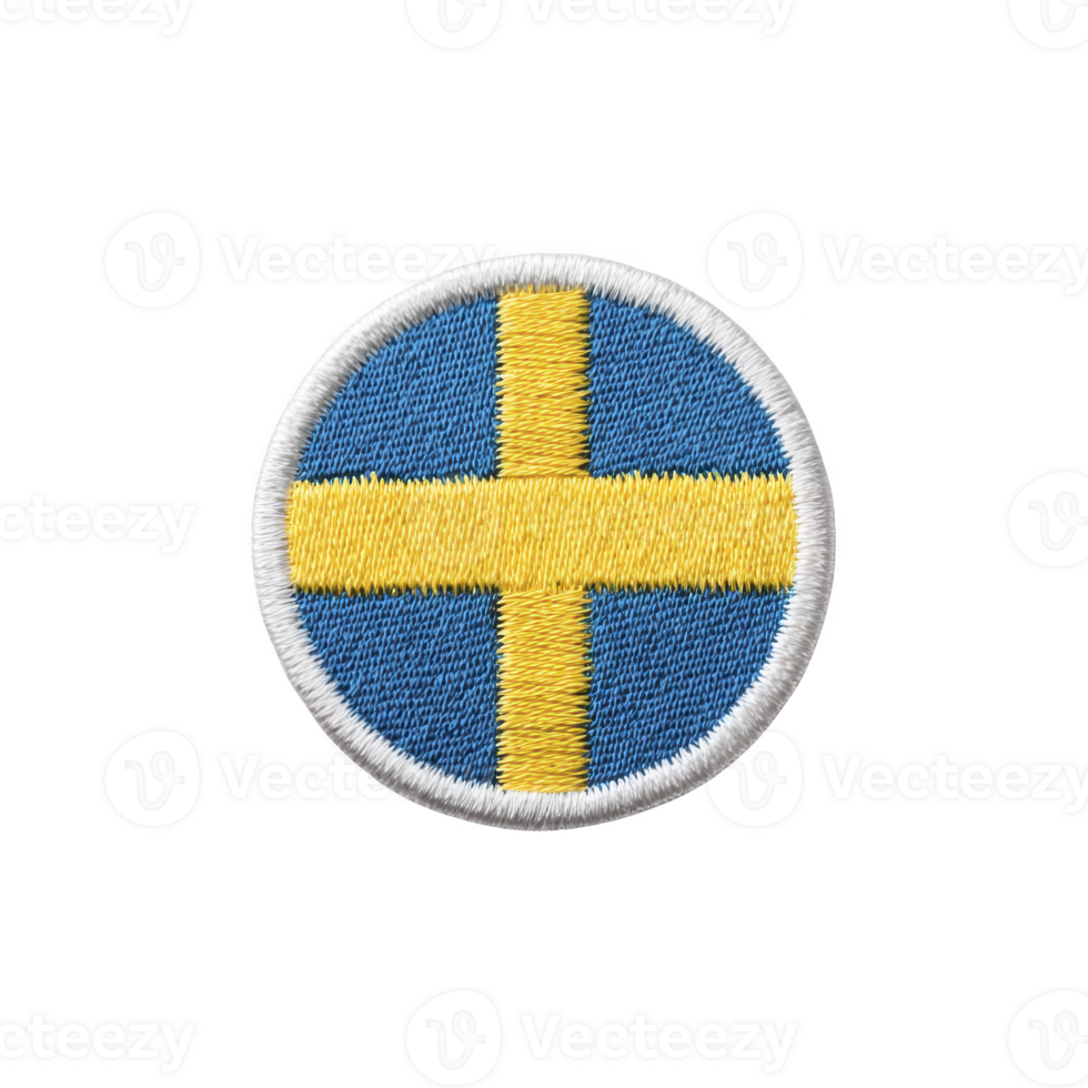 Round embroidered patch features Swedish flag with yellow cross on blue background, bordered by white. This patch is often used for clothing or accessories to represent Sweden png