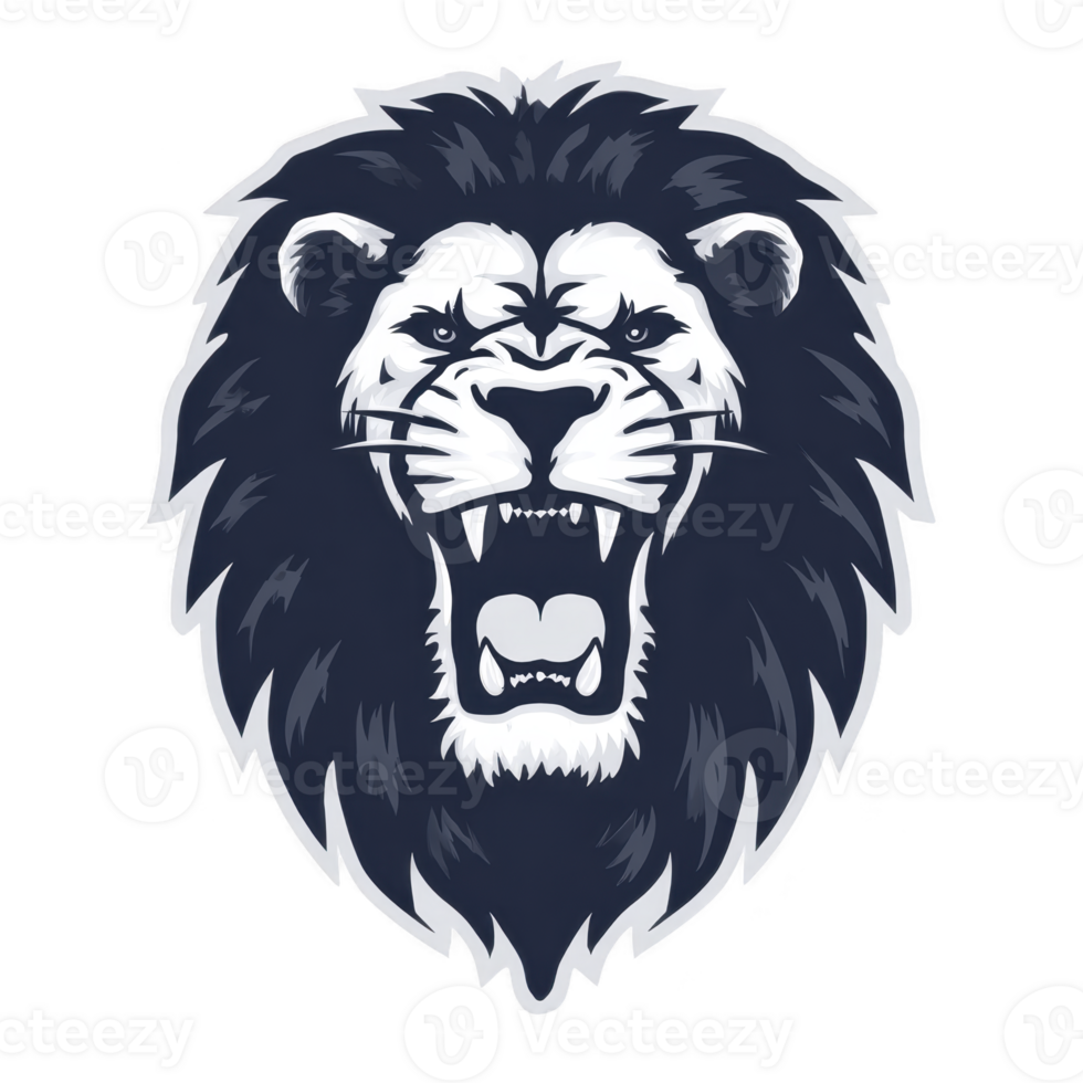 Fierce lion head illustration with bold mane and open mouth, showcasing strength and power. monochrome design emphasizes lion majestic features png