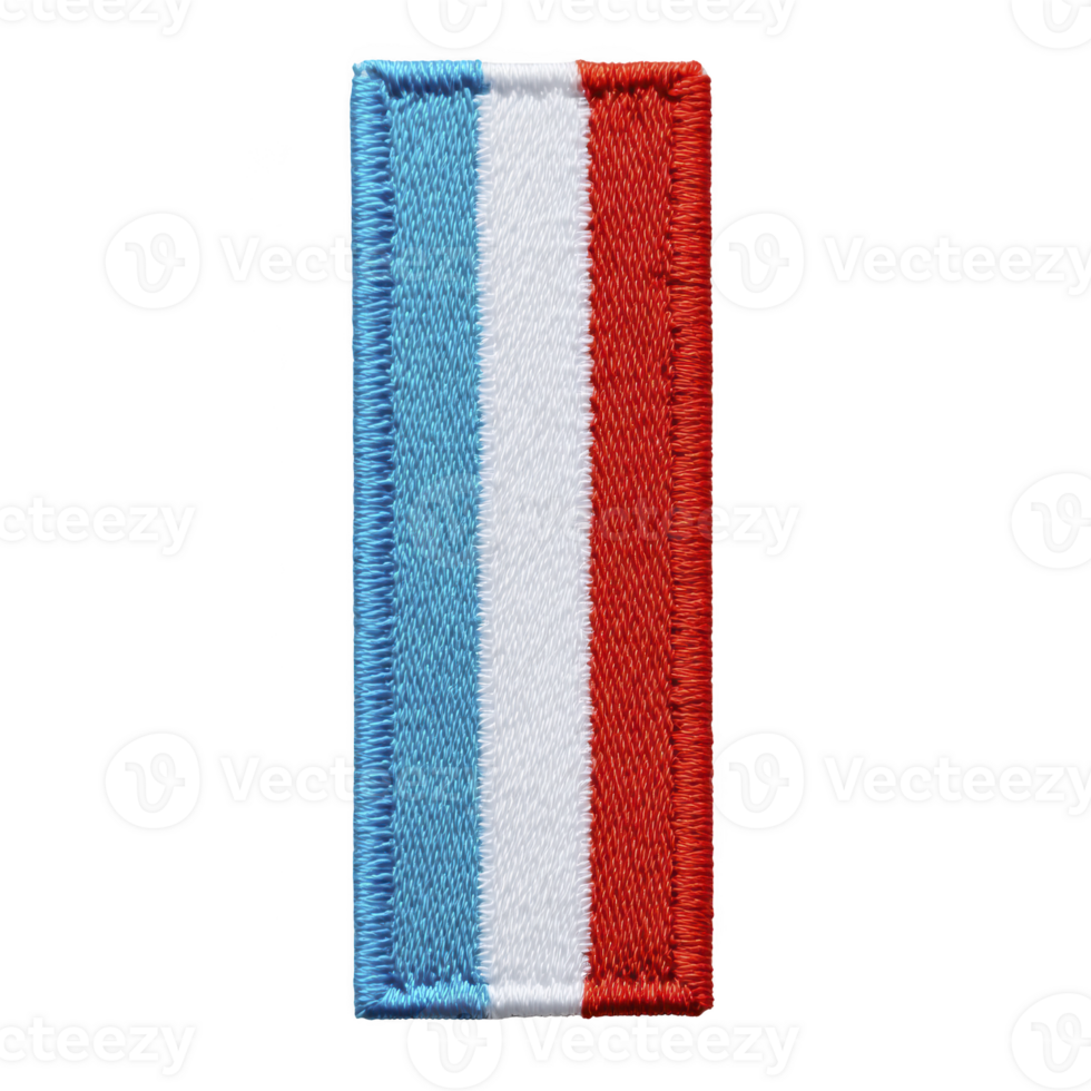 Rectangular embroidered patch features vertical stripes in blue, white, and red, symbolizing national flag. patch has textured fabric surface with detailed stitching png