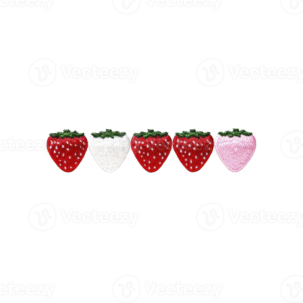Five colorful strawberries, each with unique design, are arranged in row against transparency background, showcasing playful and creative pattern png