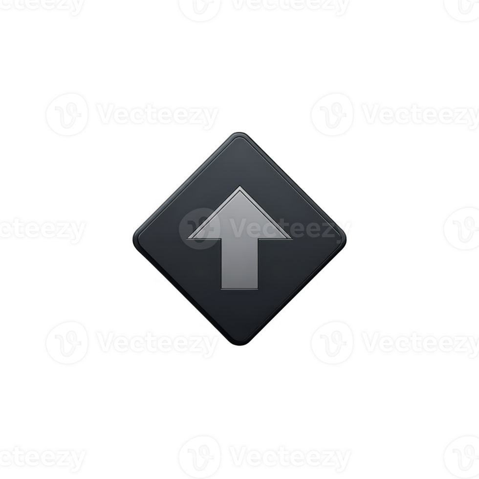 A sleek, modern black button with silver upward arrow symbol, representing upload or increase, isolated on transparency background. design is minimalistic and futuristic png