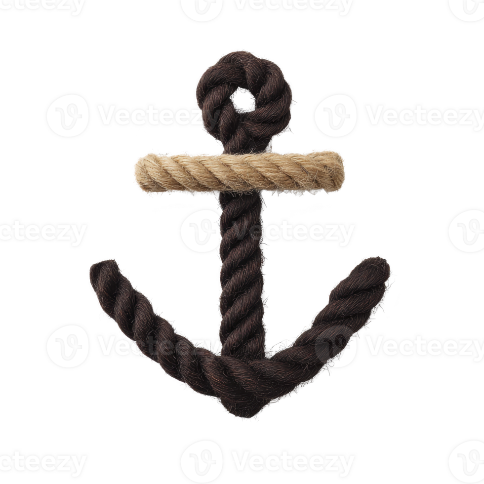 Nautical anchor made of dark brown rope with lighter rope wrapped around top, symbolizing maritime themes and adventure. texture and design evoke rustic, vintage feel png