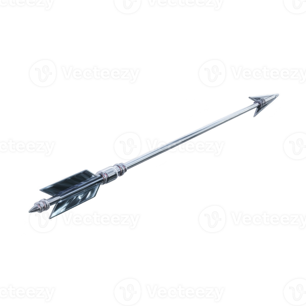 A sleek, metallic arrow with sharp pointed tip and detailed fletching, designed for precision and speed in archery or hunting. arrow reflective surface adds modern touch png