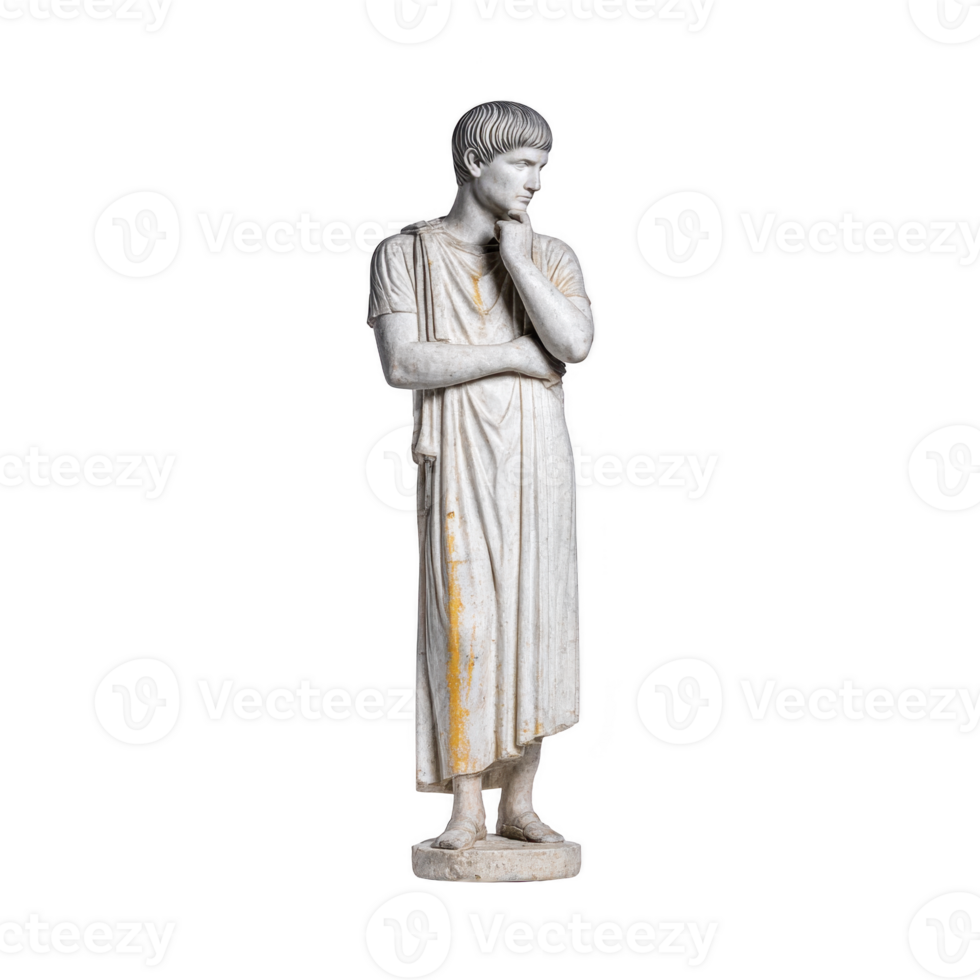A marble statue of thoughtful man in toga stands with contemplative expression, hand on chin, evoking sense of introspection and classical elegance png