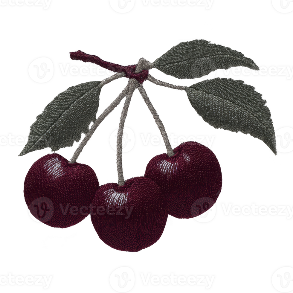 Three embroidered cherries with leaves on branch, showcasing intricate stitching and rich colors, evoke sense of craftsmanship and nature beauty png
