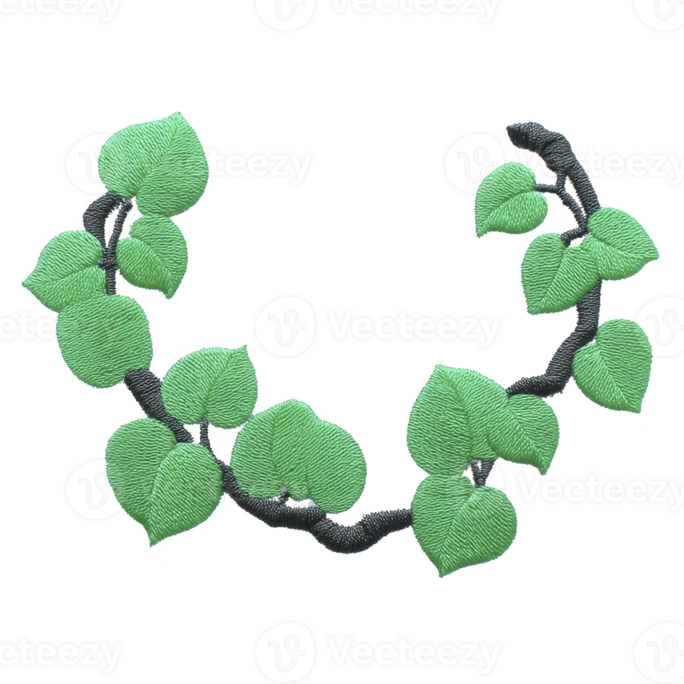 Decorative embroidery design features vine with green leaves, creating natural and elegant pattern. intricate stitching adds texture and depth, making it ideal for fabric embellishment png