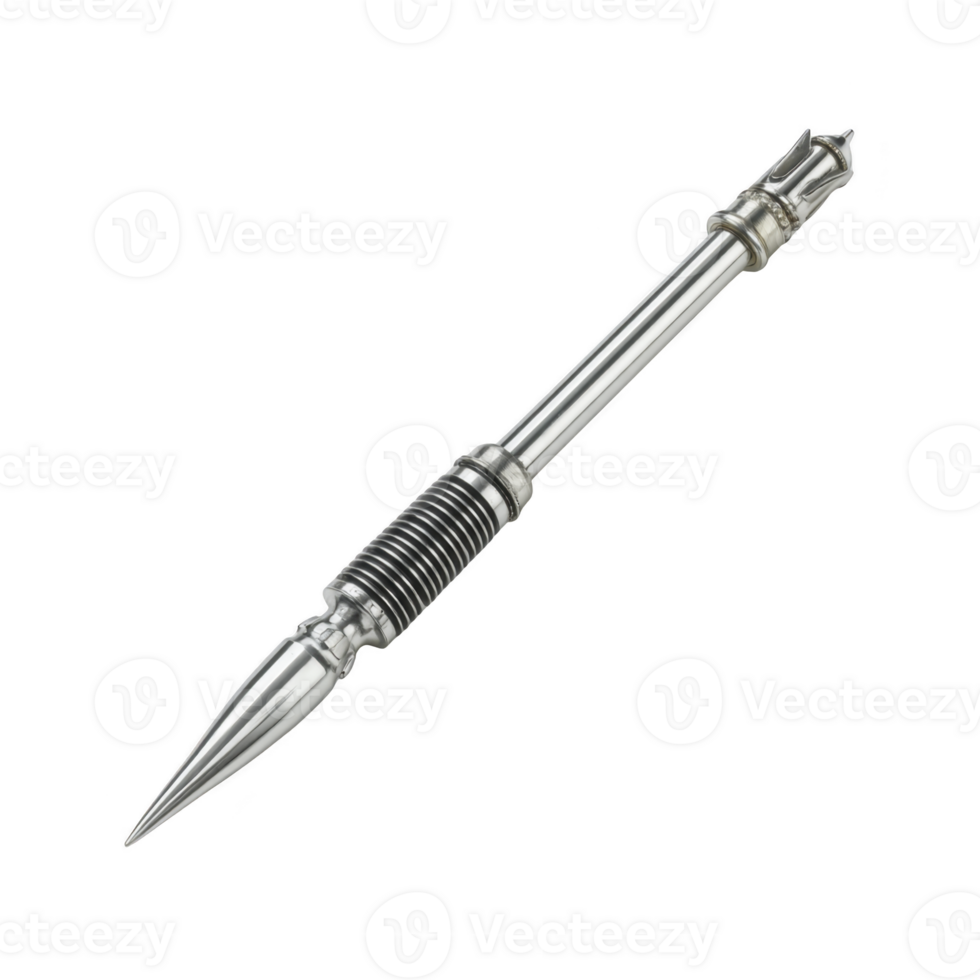A sleek, metallic tactical pen with pointed tip and ribbed grip, designed for self defense and writing. its durable construction and compact size make it ideal for everyday carry png