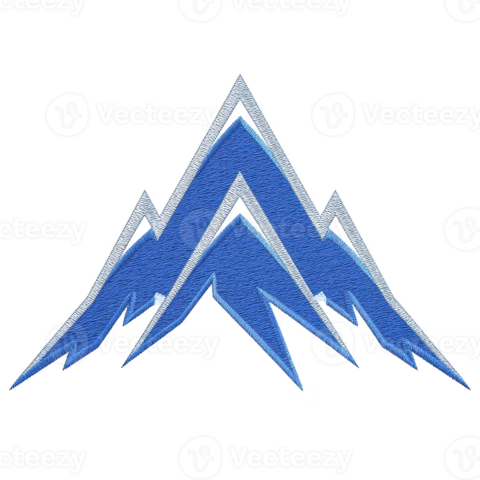 Stylized blue mountain logo with sharp peaks and layered design, evoking sense of adventure and exploration. embroidery texture adds tactile quality to graphic png
