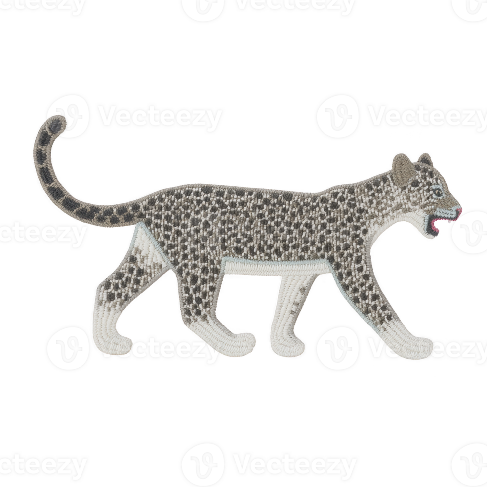 Stylized embroidered leopard patch with intricate details and fierce expression, showcasing blend of gray and white threads. design captures elegance and power of animal png
