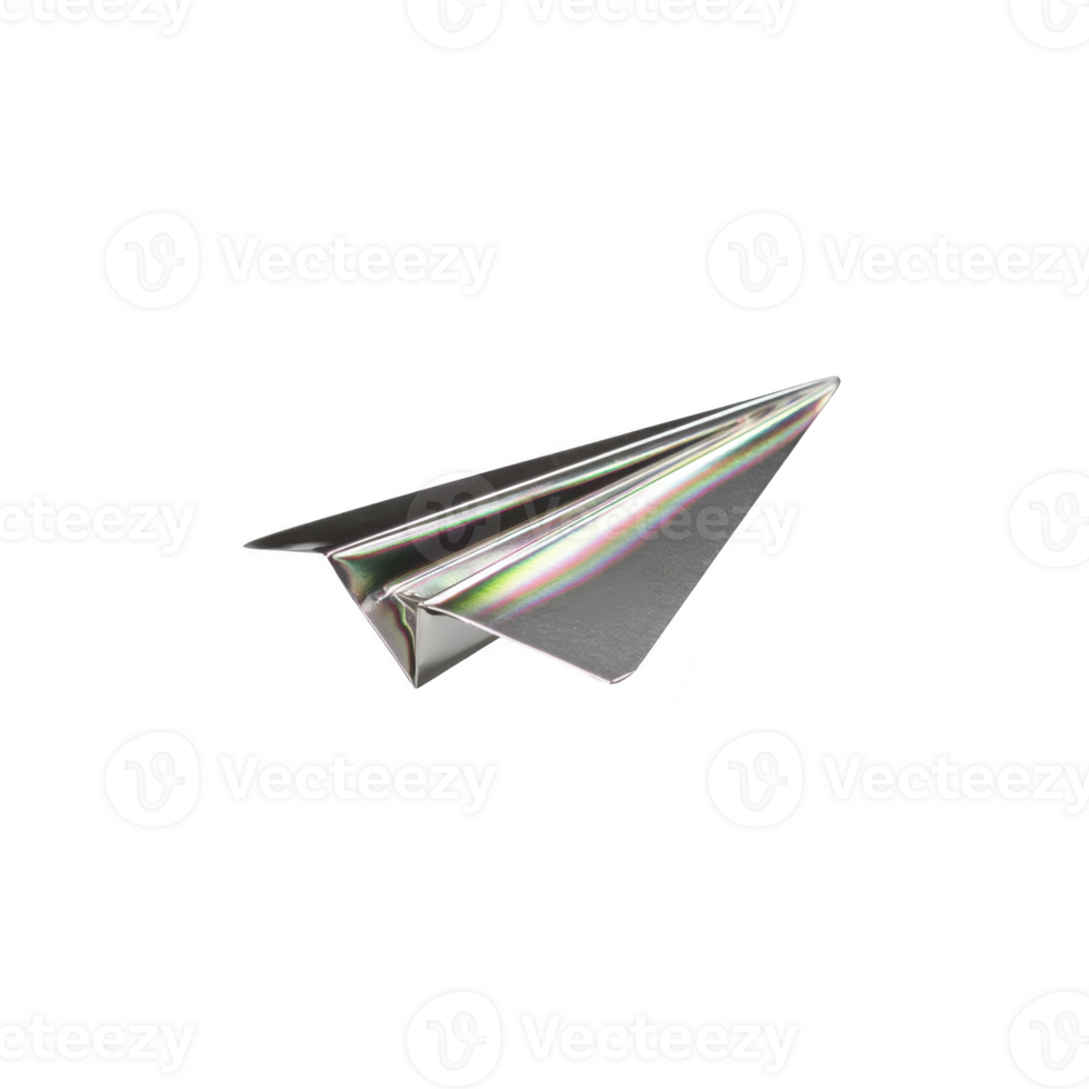 A shiny, metallic paper airplane with reflective surface and iridescent colors is depicted against plain background. sleek design and smooth finish give it futuristic appearance png