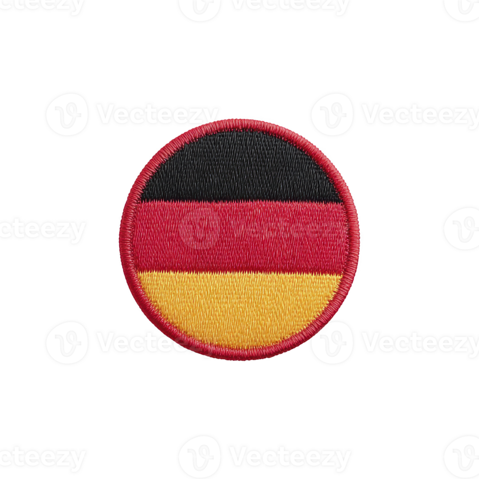 This shows circular embroidered patch featuring German flag with black, red, and yellow horizontal stripes. patch has textured appearance and red border png