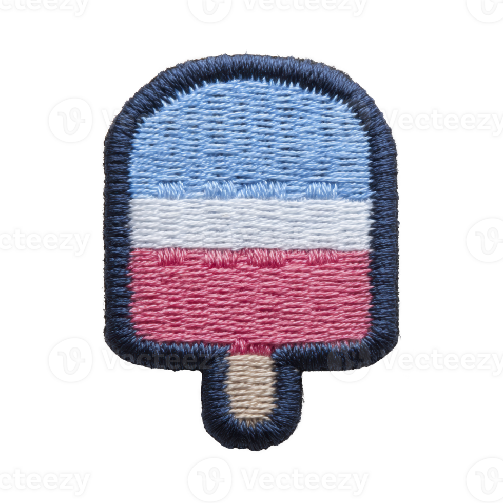 This shows embroidered patch in shape of popsicle with blue, white, and red stripes. patch has textured, stitched appearance and dark border.popsicle patch png
