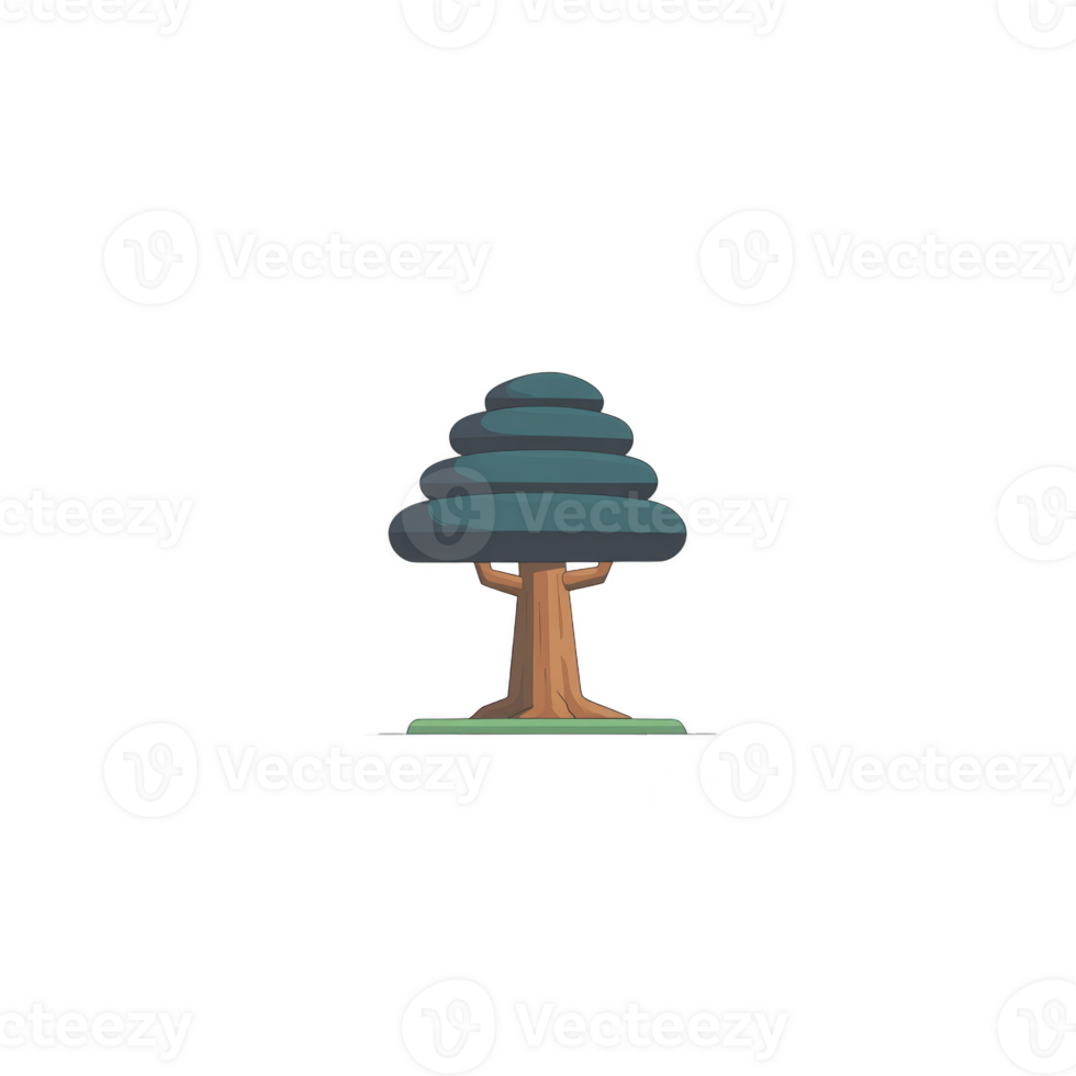 Stylized tree illustration with layered blue green foliage and brown trunk stands on small patch of green grass, conveying simplicity and nature png
