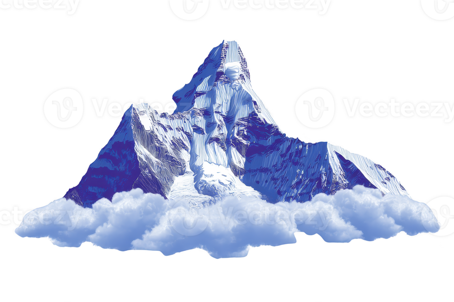 A majestic snow capped mountain peak rises above fluffy clouds, showcasing serene and breathtaking natural landscape. blue and white hues create tranquil and awe inspiring scene png