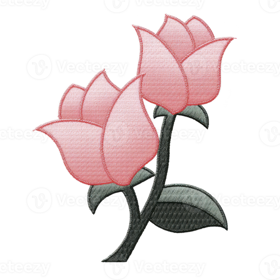 Pink embroidered flowers with green leaves on transparency background, showcasing delicate stitching and soft texture. design features two blooming flowers with graceful appearance png