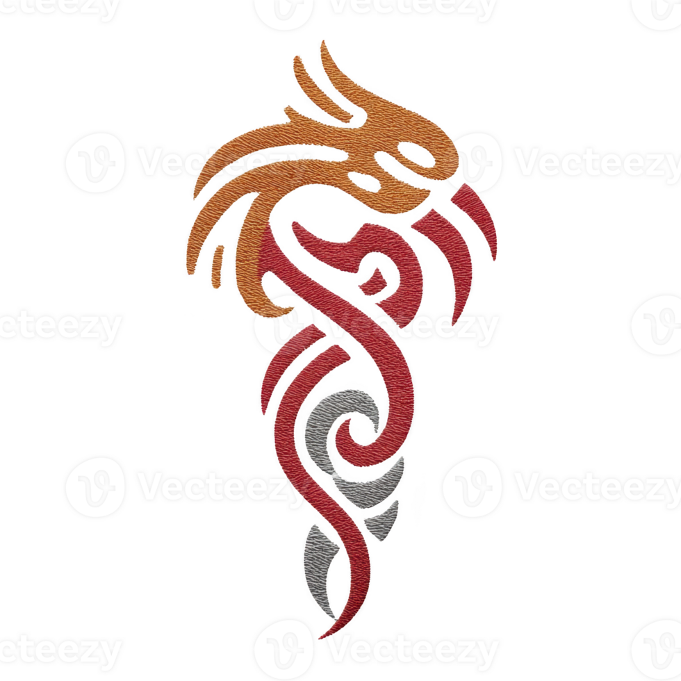 This features abstract tribal tattoo design with intricate patterns orange, red, and gray colors, creating dynamic and artistic appearance. design is symmetrical and stylized.abstract tribal png