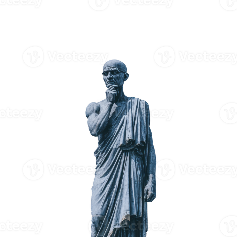 A contemplative statue of ancient philosopher stands in deep thought, draped in traditional attire, evoking sense of wisdom and reflection png