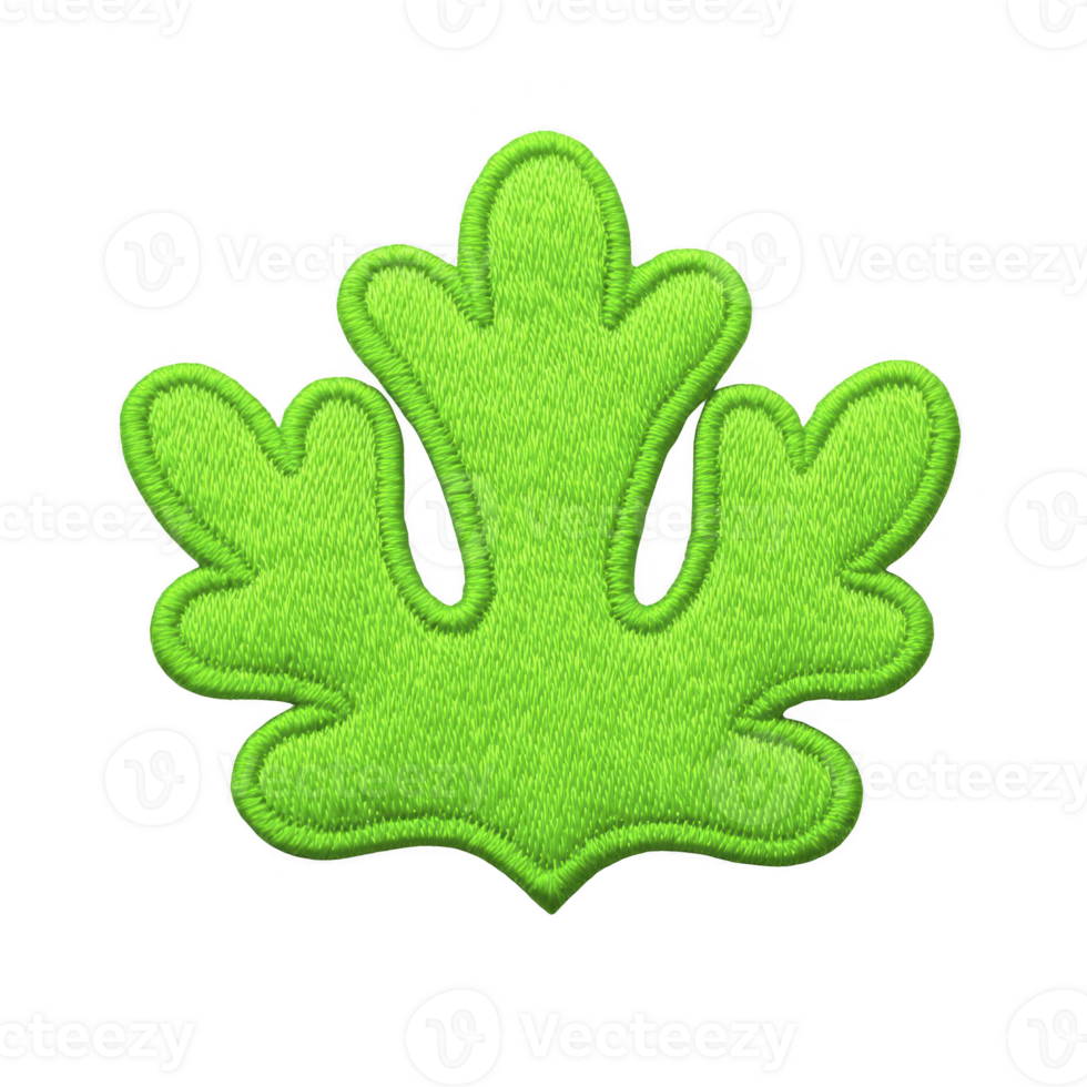 Vibrant green embroidered patch in shape of stylized leaf with intricate stitching details, set against plain background. design is bold and eye catching png