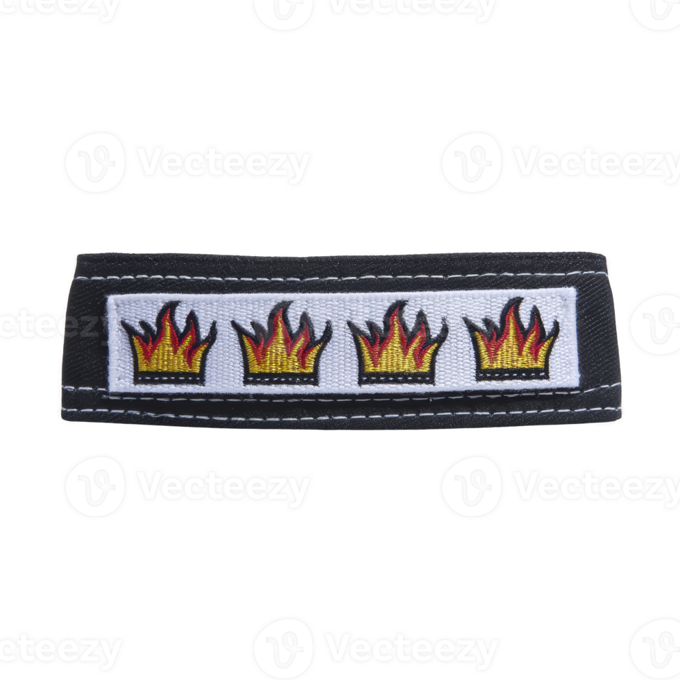 This shows black fabric patch with four flame designs embroidered in row, each flame featuring red and yellow colors. patch has transparency background and visible stitching around edges png