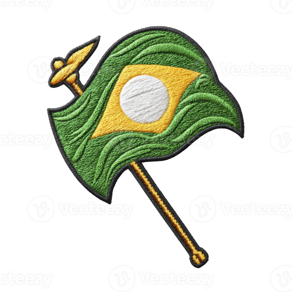 This features embroidered patch of stylized flag with green background, yellow diamond, and white circle in center, mounted on pole. design is vibrant and textured png