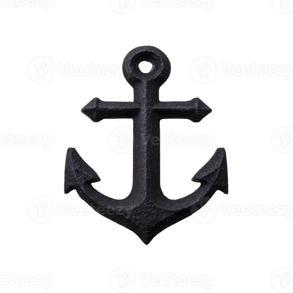 Black metal anchor with classic design, featuring loop at top and two pointed flukes at bottom, symbolizing stability and strength png