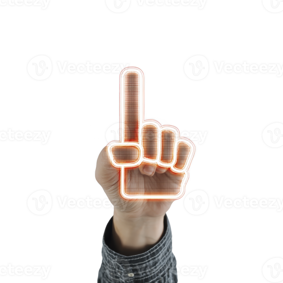 A hand wearing checkered sleeve holds up glowing, neon outlined foam finger pointing upwards, symbolizing number one or victory. image conveys enthusiasm and support png