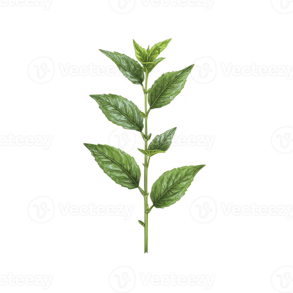 Single green basil plant with multiple leaves on stem, isolated on transparency background. fresh leaves are vibrant and detailed, showcasing plant natural texture png