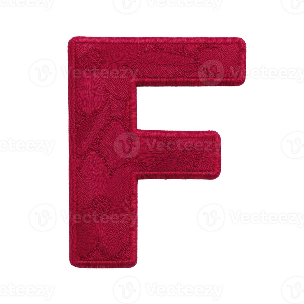 Red embroidered letter F with floral patterns, showcasing intricate stitching and texture, perfect for crafts or textile projects png