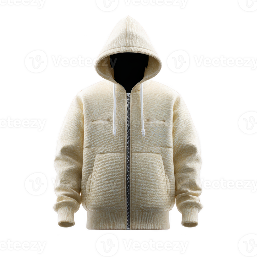 Cozy beige hooded jacket with front zipper and drawstrings, perfect for casual wear. soft texture and neutral color make it versatile for various outfits png