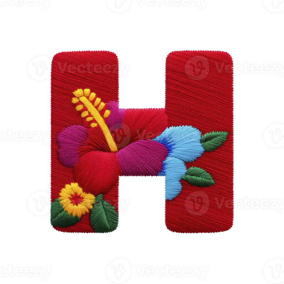 Image features red letter H adorned with colorful embroidered flowers, including hibiscus and other floral elements, creating vibrant and artistic design png