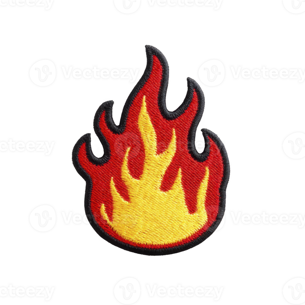 Vibrant embroidered patch in shape of flame, featuring red and yellow colors, symbolizing energy and passion. patch has black border, enhancing its bold design png