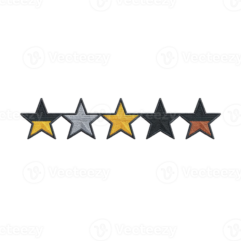Five stars in row with varying colors, representing rating system. stars are colored yellow, silver, gold, black, and bronze, symbolizing different levels of achievement or quality png