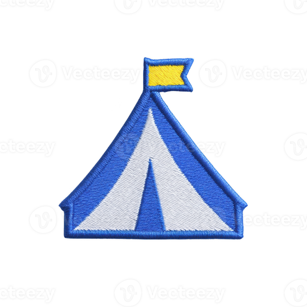 Blue and white embroidered tent patch with yellow flag on top, symbolizing adventure and fun, isolated on transparency background png