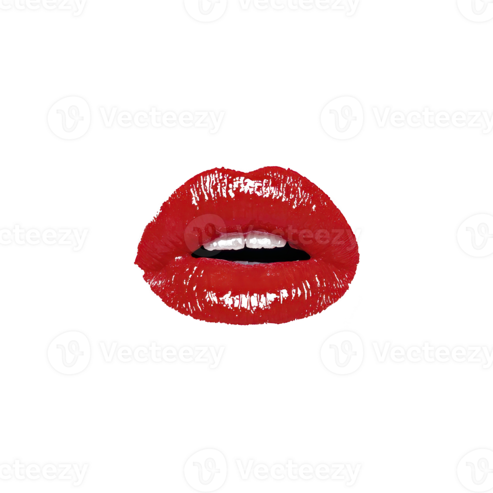 Red lips with glossy finish are shown against transparency background, highlighting their vibrant color and texture. image captures allure and boldness of lips, emphasizing beauty and style png