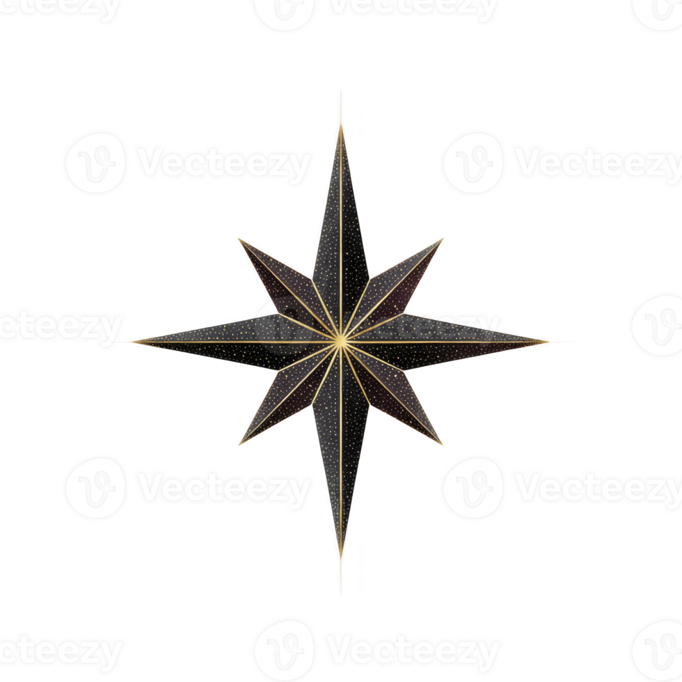 Black and gold eight pointed star with intricate dotted patterns on transparency background, creating celestial and elegant design png
