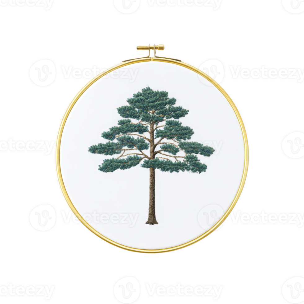 Detailed embroidery of green tree is displayed in circular hoop, showcasing intricate needlework on white fabric background. hoop golden rim adds elegant touch to artwork png