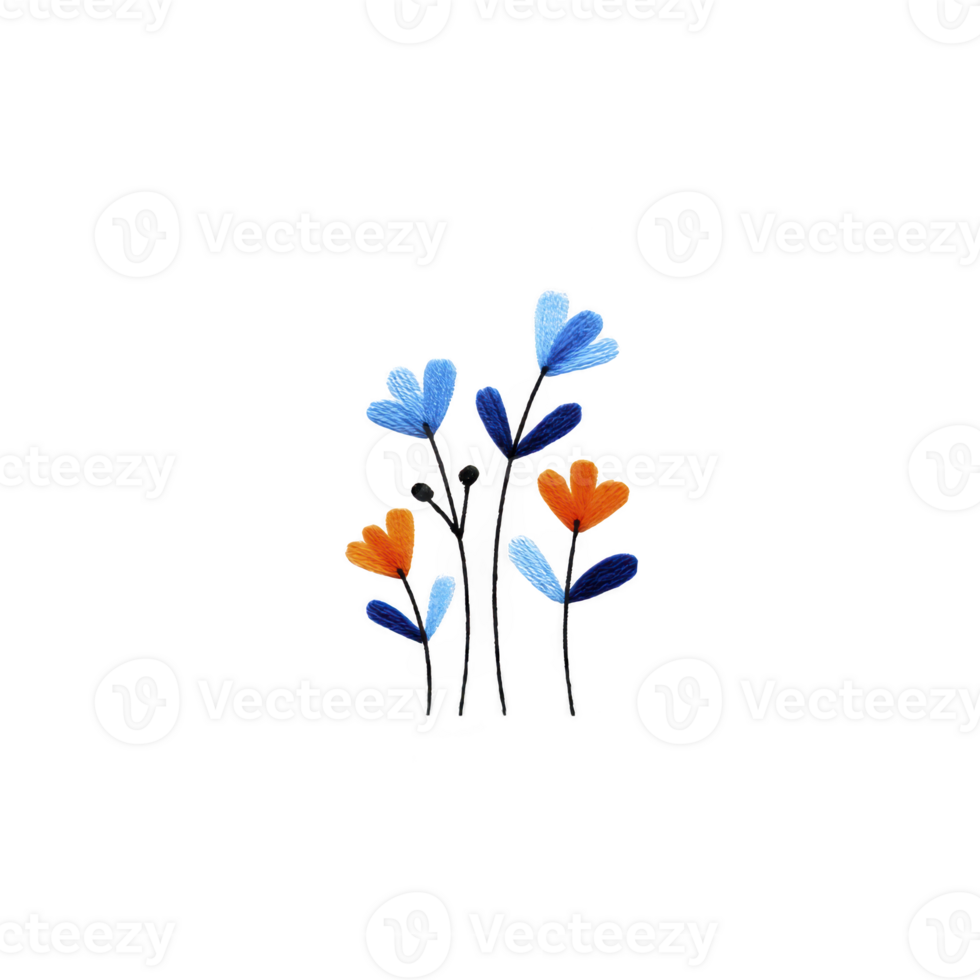 Colorful abstract flowers with blue and orange petals on transparency background, creating vibrant and artistic design. petals are heart shaped, adding whimsical touch to composition png