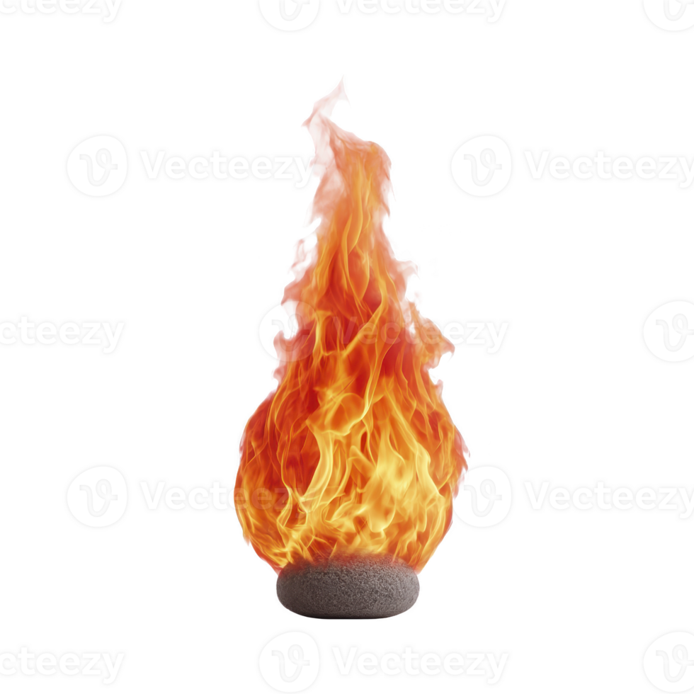 Vibrant flame rises from small stone, creating striking contrast between fiery colors and solid base. image captures dynamic movement and energy of fire png