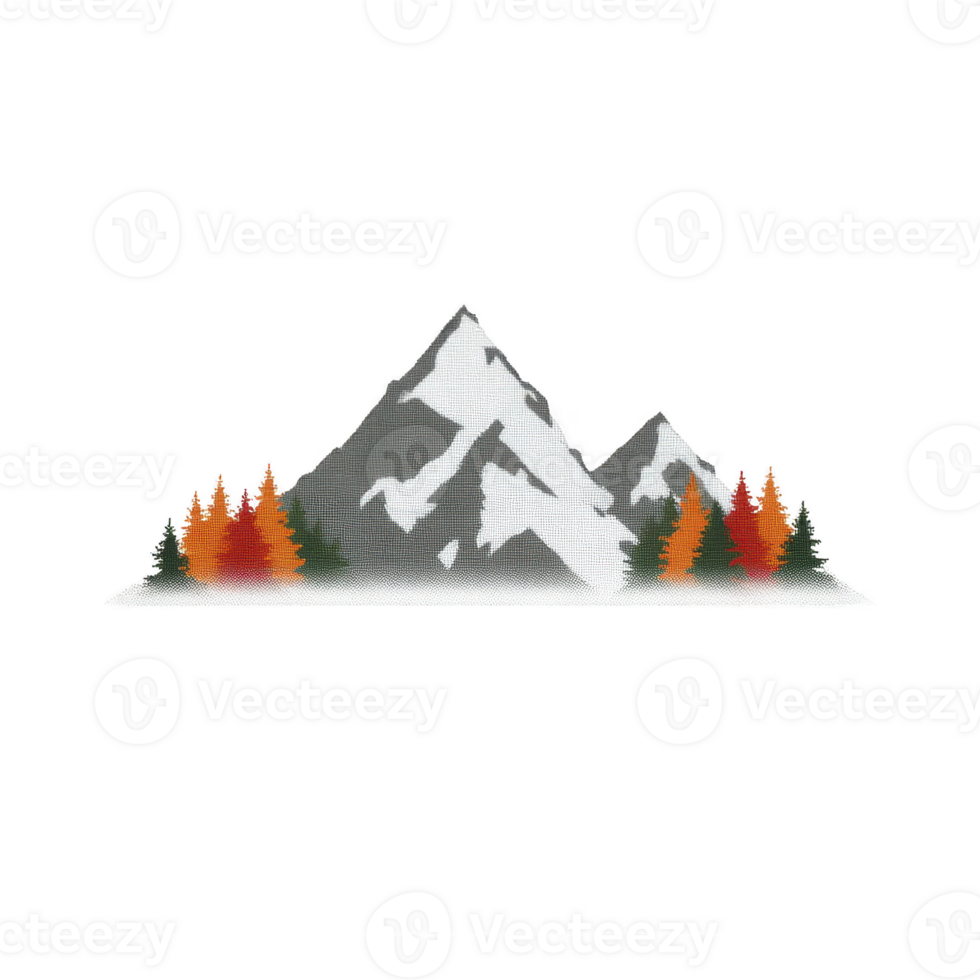 Stylized illustration of snow capped mountains with vibrant orange and green trees at base creates serene and picturesque landscape png