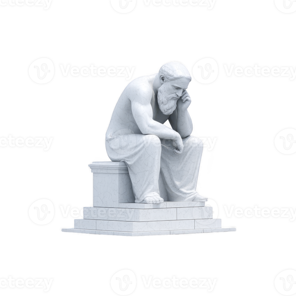 A marble statue of thoughtful man sitting on pedestal, with contemplative expression, evokes sense of introspection and wisdom. sculpture is detailed and classical in style png