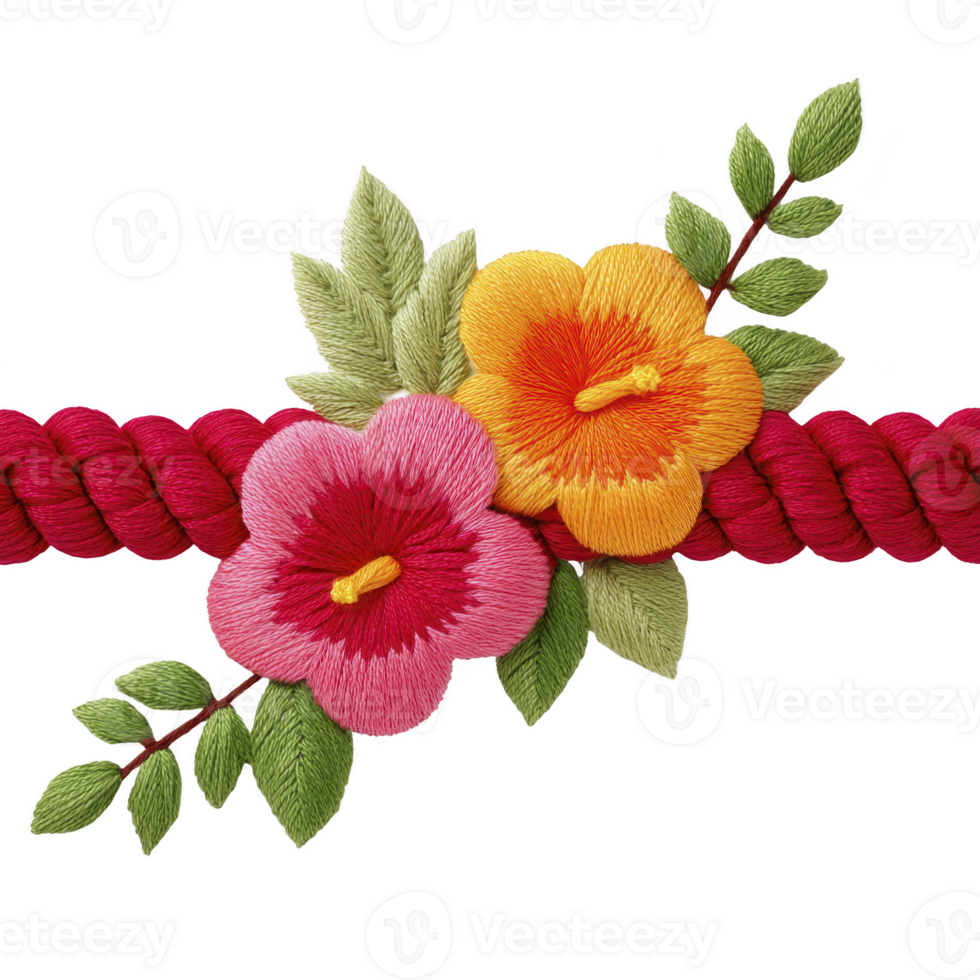 Colorful embroidered flowers with green leaves are beautifully arranged on red braided rope, creating vibrant and artistic design png