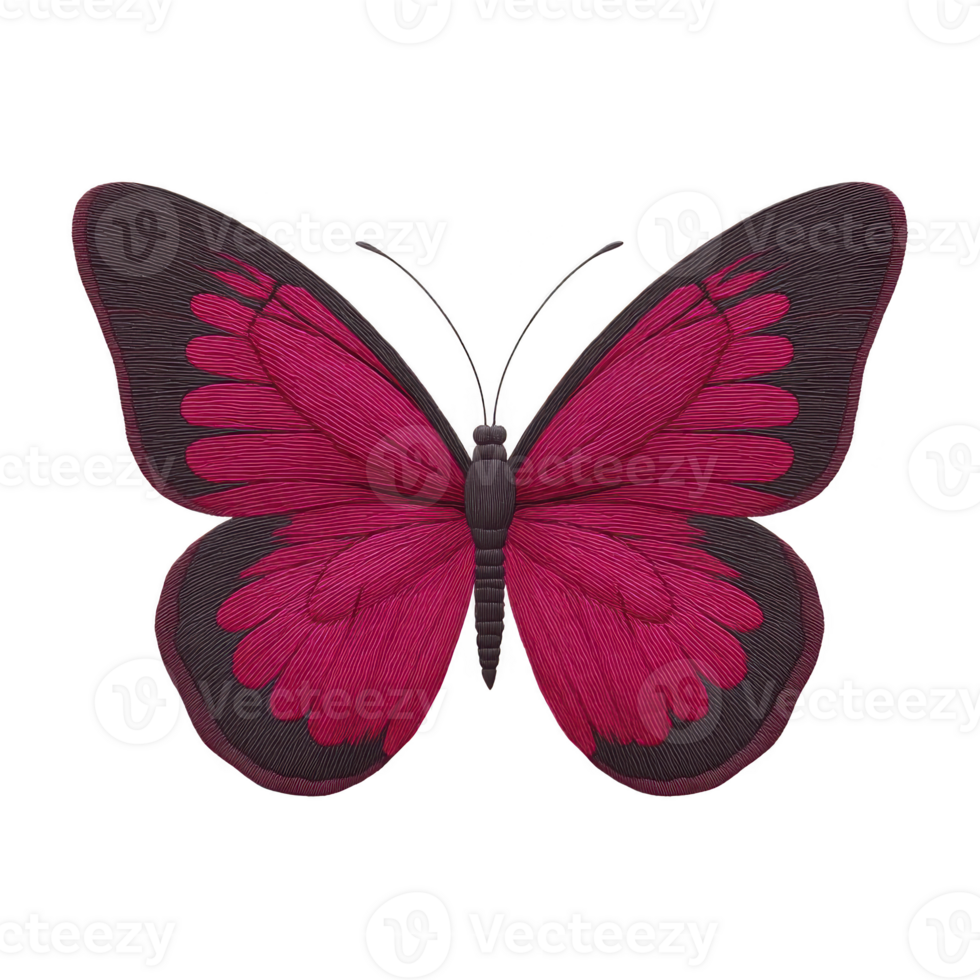Vibrant pink and black butterfly with detailed wing patterns is displayed against transparency background, showcasing its intricate design and symmetry png